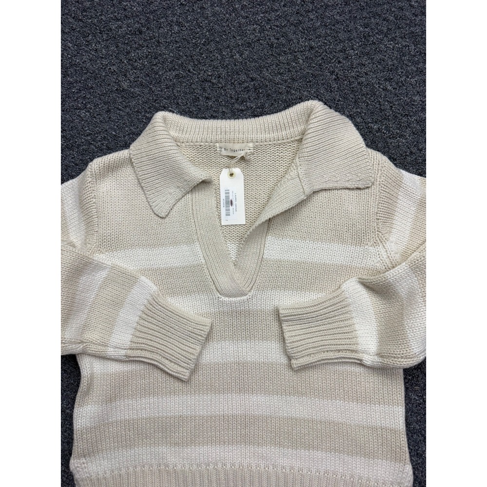 By Together Hayley Pullover Sweater Cream Tan Striped Polo V-Neck W1306 Medium